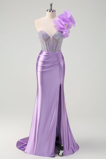Scintillante Lilla Mermaid Corsetto in rilievo One Spalla Abito da ballo lungo con fessura